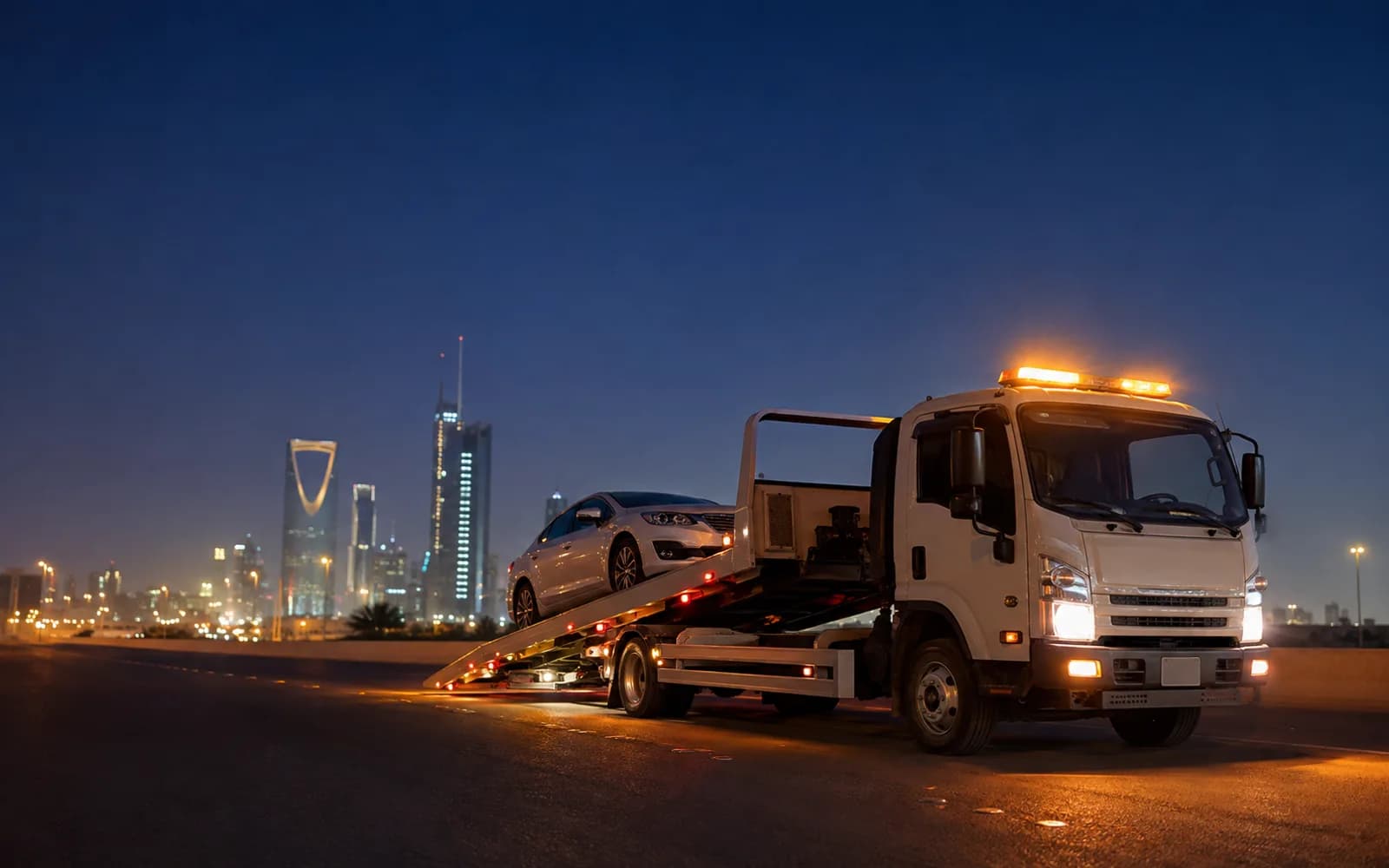 Hydraulic flatbed tow truck (سطحة هيدروليك) on King Fahd Road, Riyadh at night, available 24/7