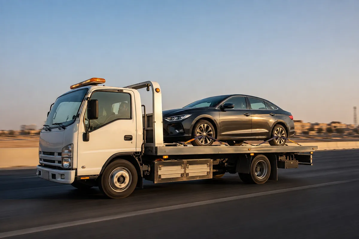 Flatbed car transport from Riyadh to Dammam (الدمام) on the Riyadh–Dammam Highway (Route 40)
