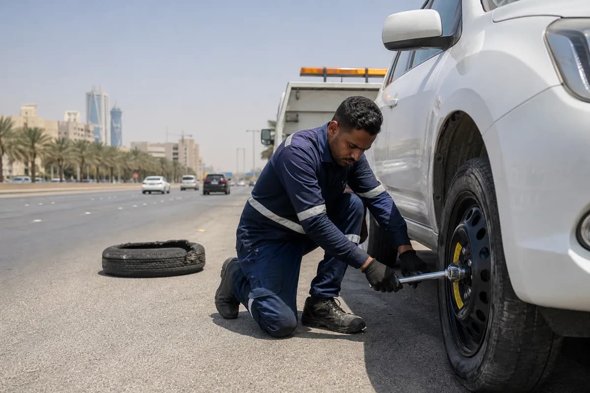 Flat Tyre Change in Riyadh (تغيير إطار): 24/7 tow truck, fixed price on WhatsApp